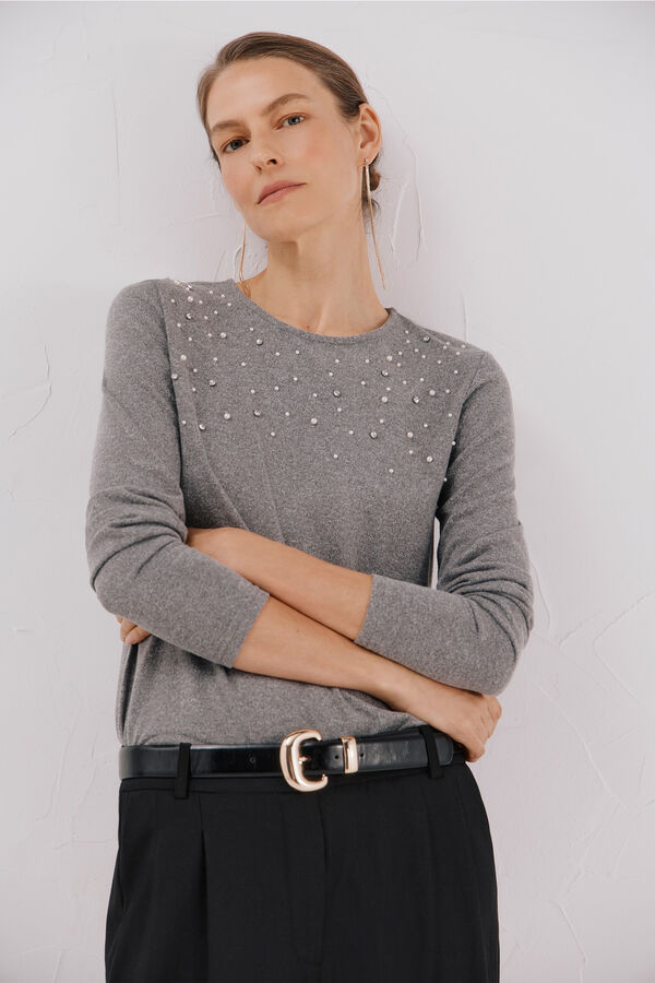 Cortefiel Camiseta detalle perlas y strass Gris