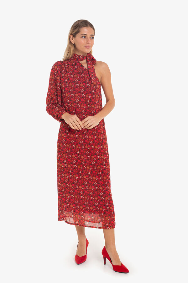 Cupl&eacute; Vestido midi assim&eacute;trico com estampado floral Vermelho