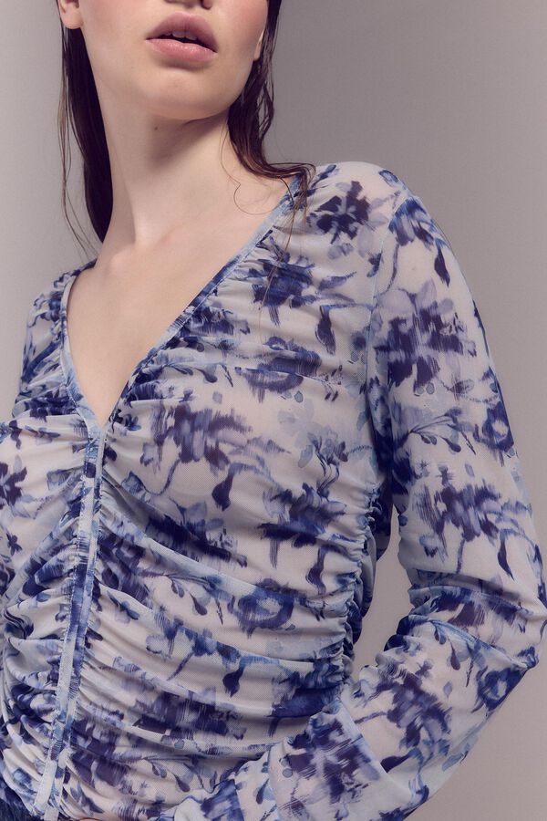 Slowlove Top de tule estampado franzido Azul