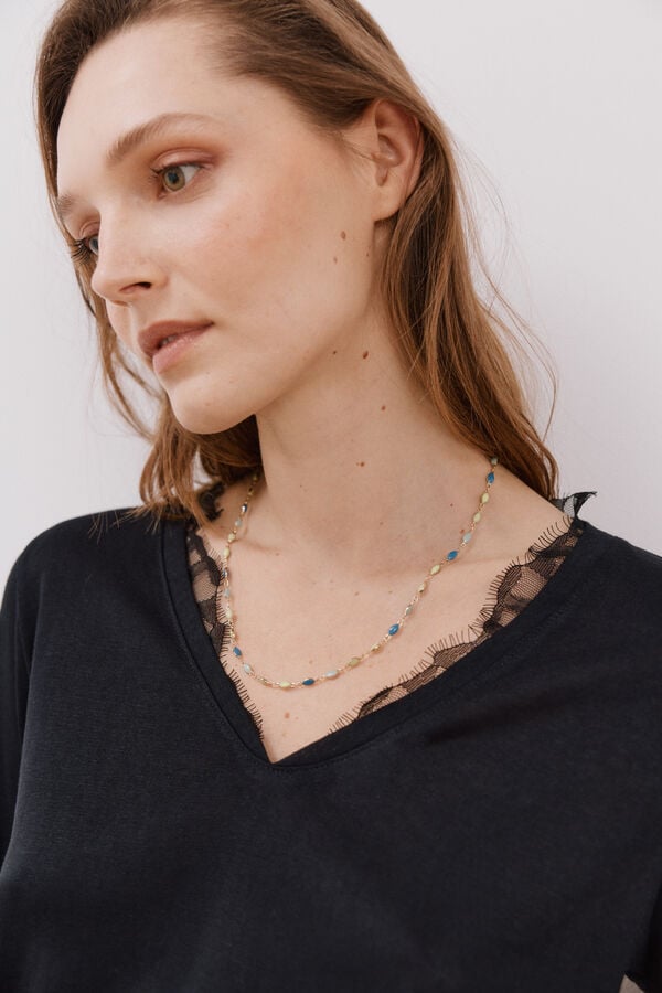 Cortefiel Camiseta escote pico encaje Negro