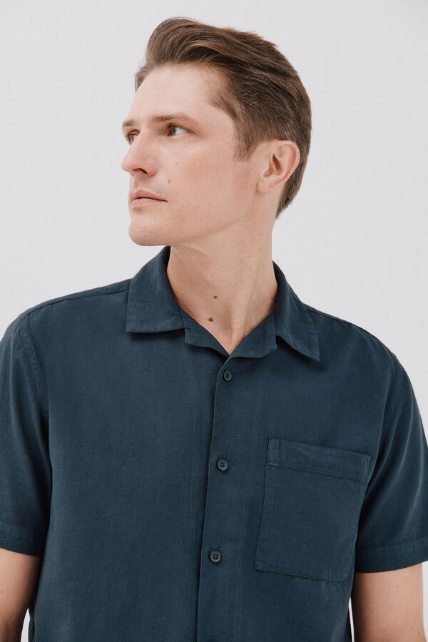 Cortefiel Camisa de manga curta de algod&atilde;o e linho simples Azul