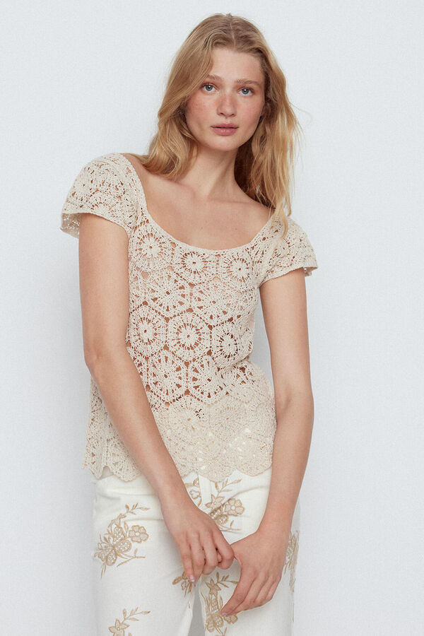 Slowlove Camiseta crop crochet Marfil