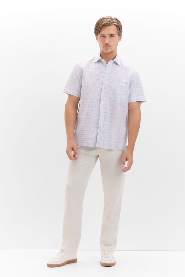 Cortefiel Camisa lino algod&oacute;n cuadros manga corta Azul oscuro