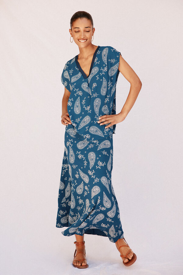 Cortefiel Falda midi evasé estampada Azul oscuro