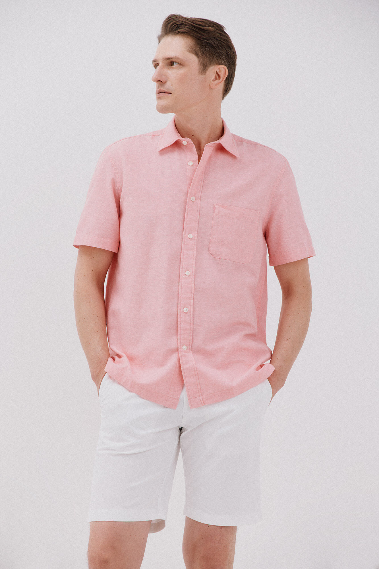 Cortefiel Camisa lisa algod&oacute;n lino manga corta