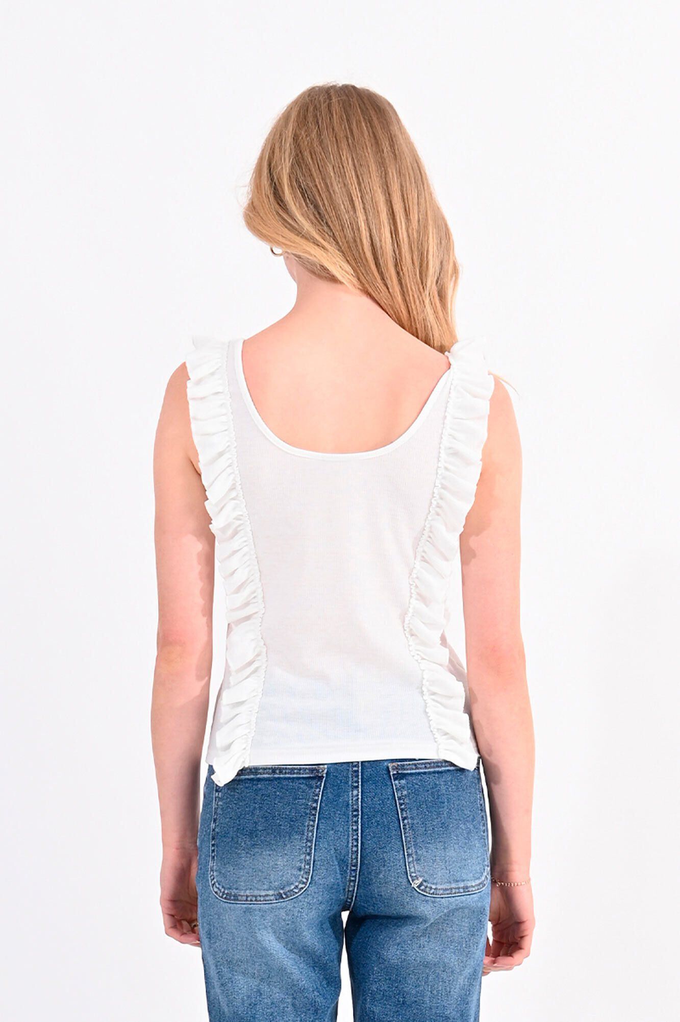 Molly Bracken Top de mulher sem manga com folhos