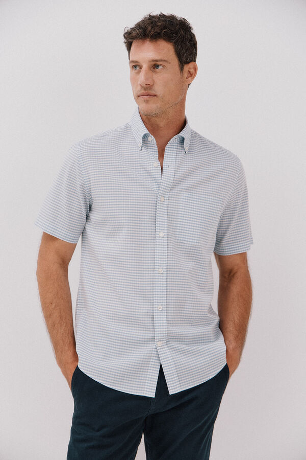 Cortefiel Camisa xadrez lisa, manga curta , algodão tencel Azul