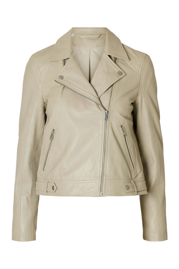 Selected Cazadora Biker Cropped 100% piel. Beige