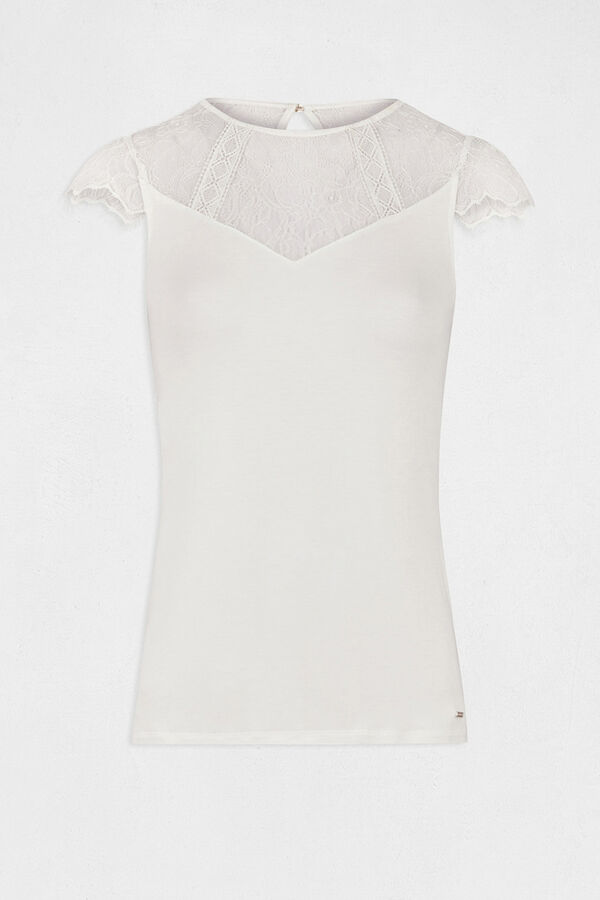 Morgan T-shirt manga curta com renda Ecru