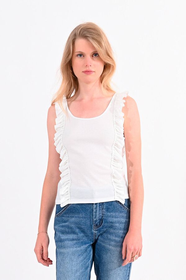 Molly Bracken Top de mulher sem manga com folhos Ecru