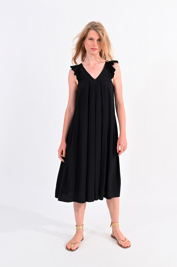 Molly Bracken Vestido comprido de manga curta com folhos e la&ccedil;ada Preto