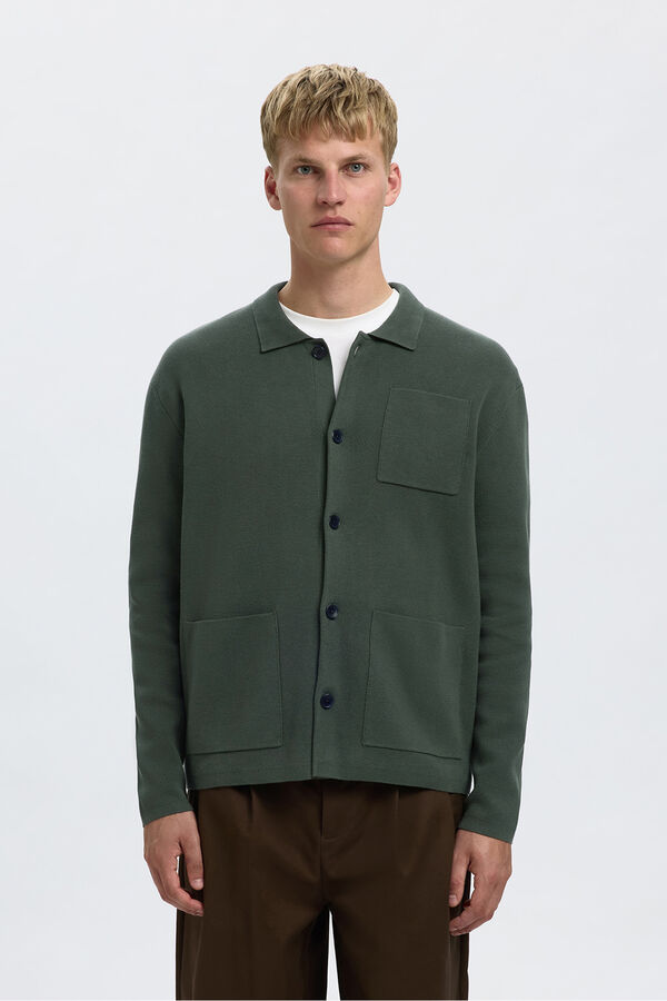 Selected Chaqueta c&aacute;rdigan con bolsillos 100% algod&oacute;n org&aacute;nico Verde oscuro