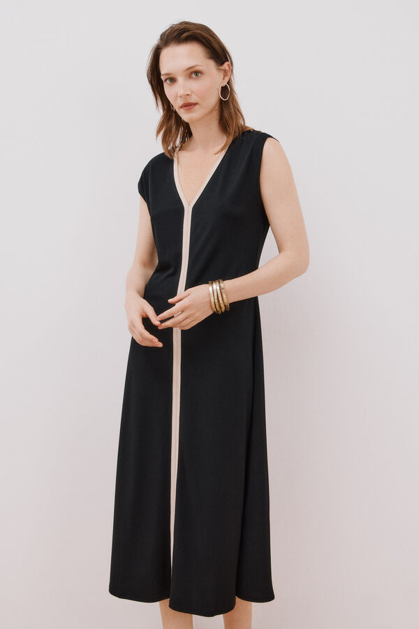 Cortefiel Vestido escote pico contraste Negro