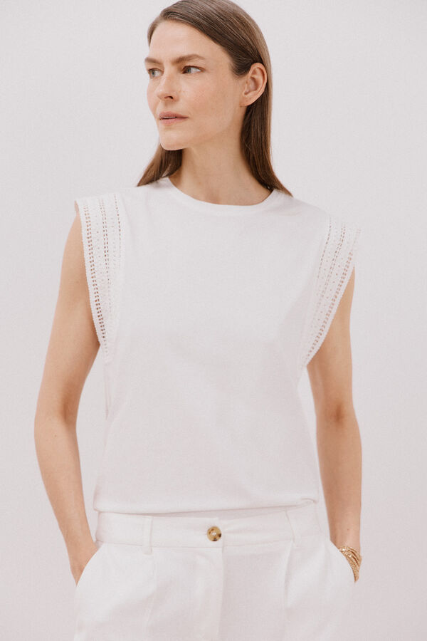 Cortefiel T-shirt crochet mangas Branco