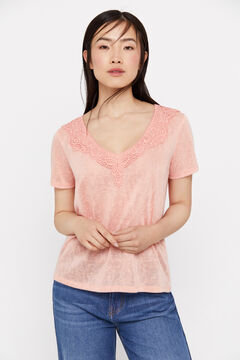 Cortefiel Camiseta efecto lino guipur Coral