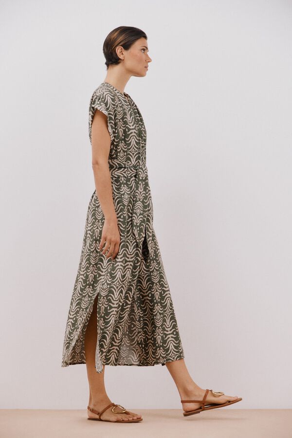 Cortefiel Vestido largo con cintur&oacute;n Estampado verde