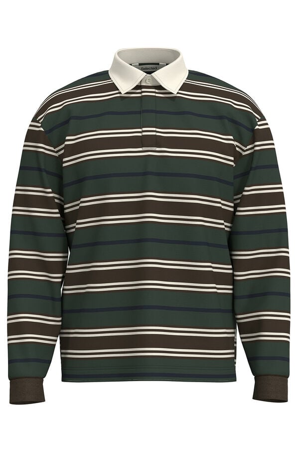 Selected Polo estilo rugby feita de 100% algod&atilde;o org&acirc;nico. Verde