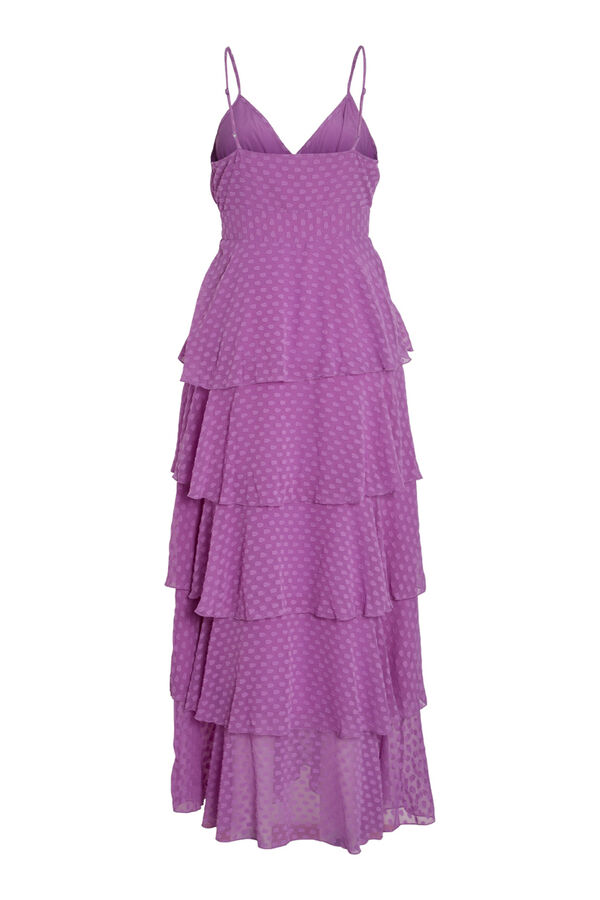 Vila Vestido comprido de festa com folhos e bolinhas. Roxo