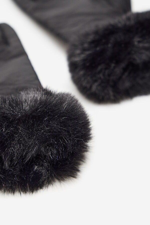 Cortefiel Luva de nylon com pelo Preto
