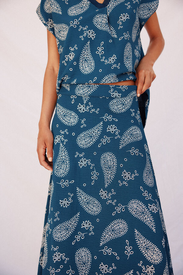 Cortefiel Falda midi evasé estampada Azul oscuro