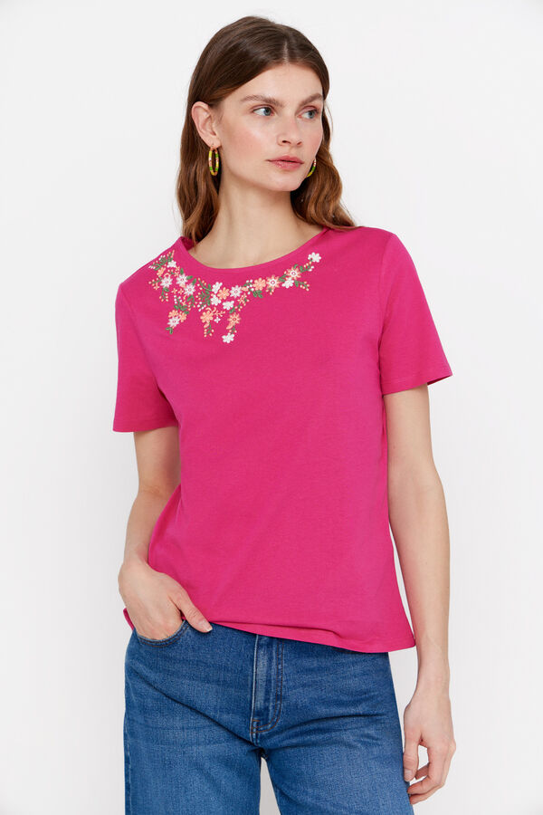 Cortefiel Camiseta bordado floral Fucsia