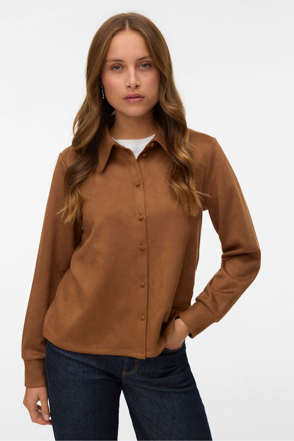 Vero Moda Camisa com efeito camur&ccedil;a Castanho