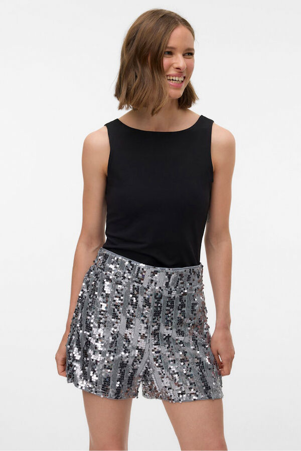 Vero Moda Shorts de festa femininos com lantejoulas Cinzento