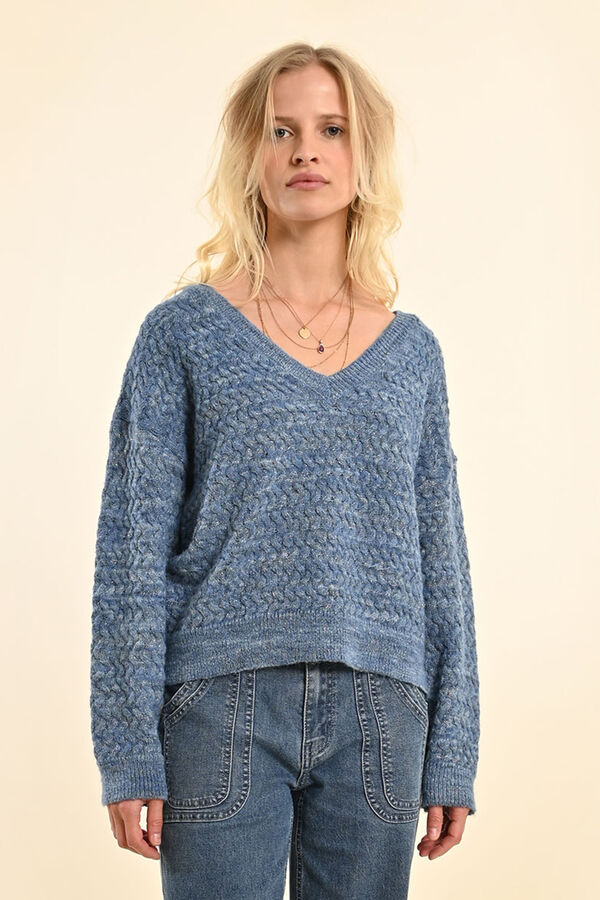 Molly Bracken Su&eacute;ter feminino de manga comprida com decote em V Azul