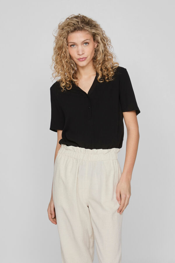 Vila T-shirt de manga curta com decote em bico Preto