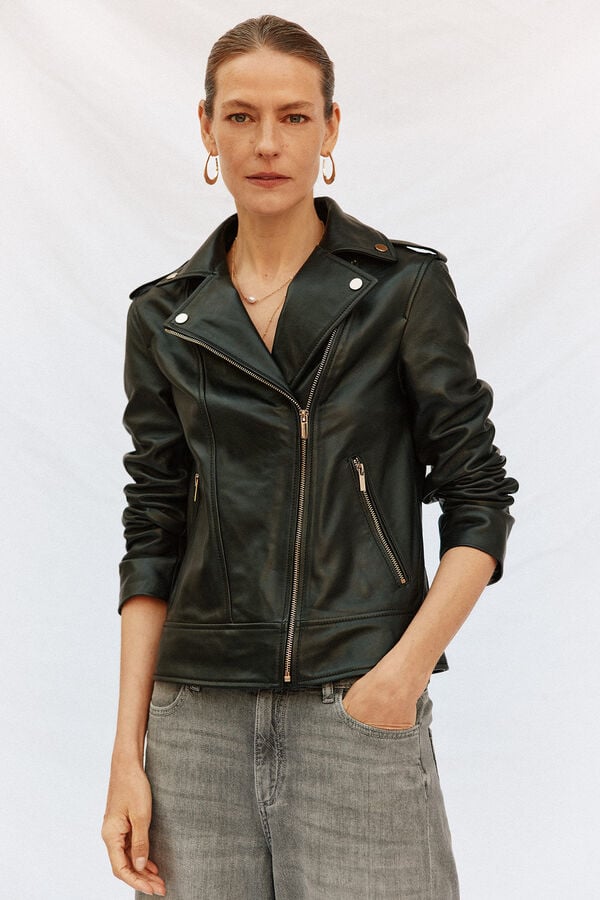 Cortefiel Jaqueta de pele com fecho-éclair Preto