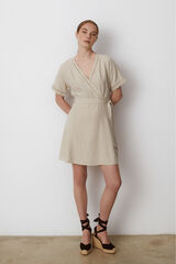 Vila Vestido curto de linho com cinto com la&ccedil;ada Castanho