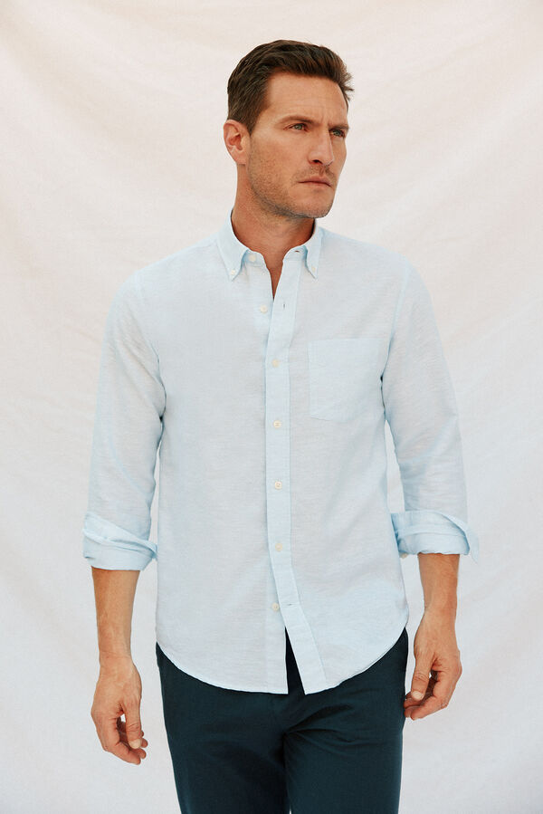 Cortefiel Camisa lino algod&oacute;n liso Azul