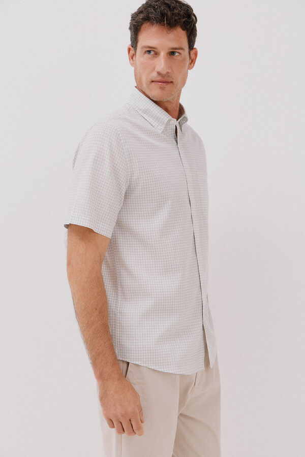 Cortefiel Camisa xadrez lisa, manga curta , algod&atilde;o tencel Verde