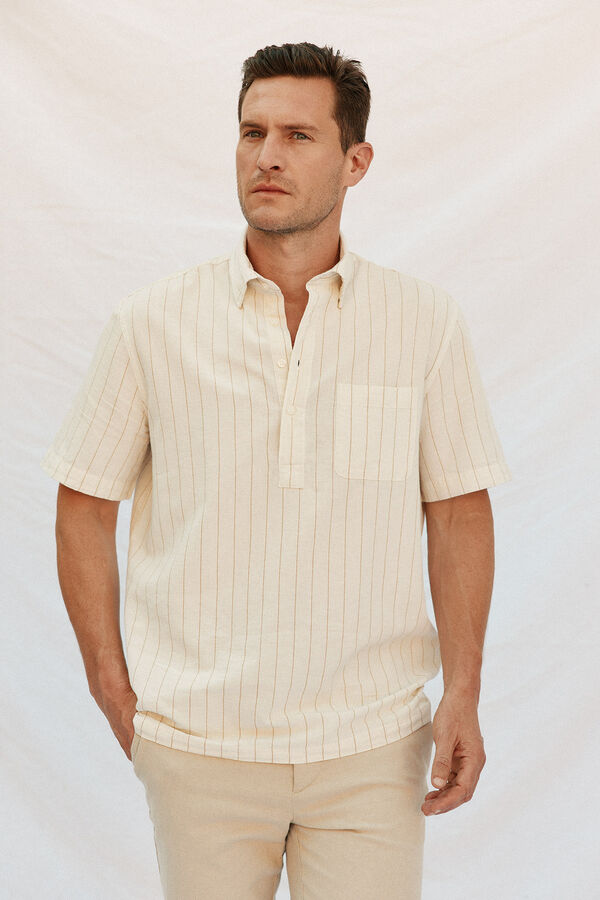 Cortefiel Camiseta riscas de algod&atilde;o e linho de manga curta Ecru
