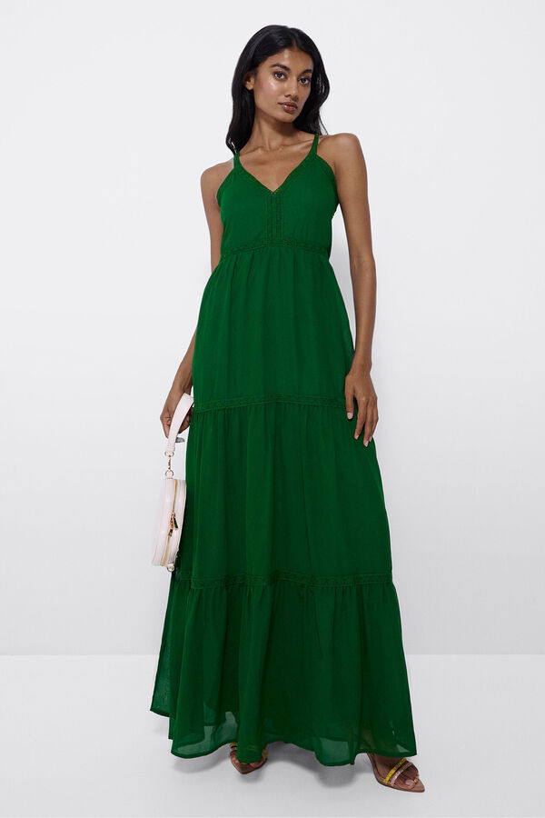 Cupl&eacute; Vestido comprido de al&ccedil;as, com renda e algod&atilde;o Verde