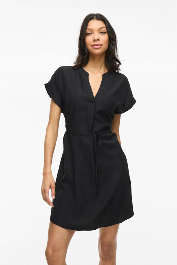 Vila Vestido curto com gola mao e viscose Preto