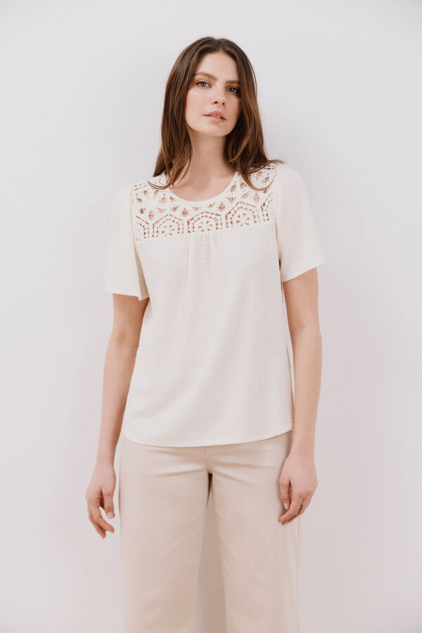 Cortefiel Top guipura combinado Ecru