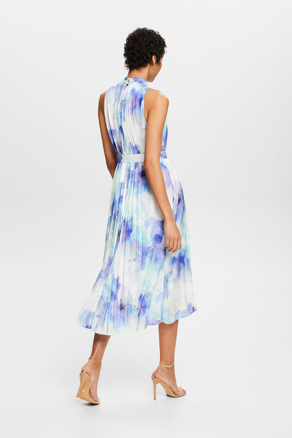 Esprit Vestido midi plisado estampado sin mangas Estampado azul
