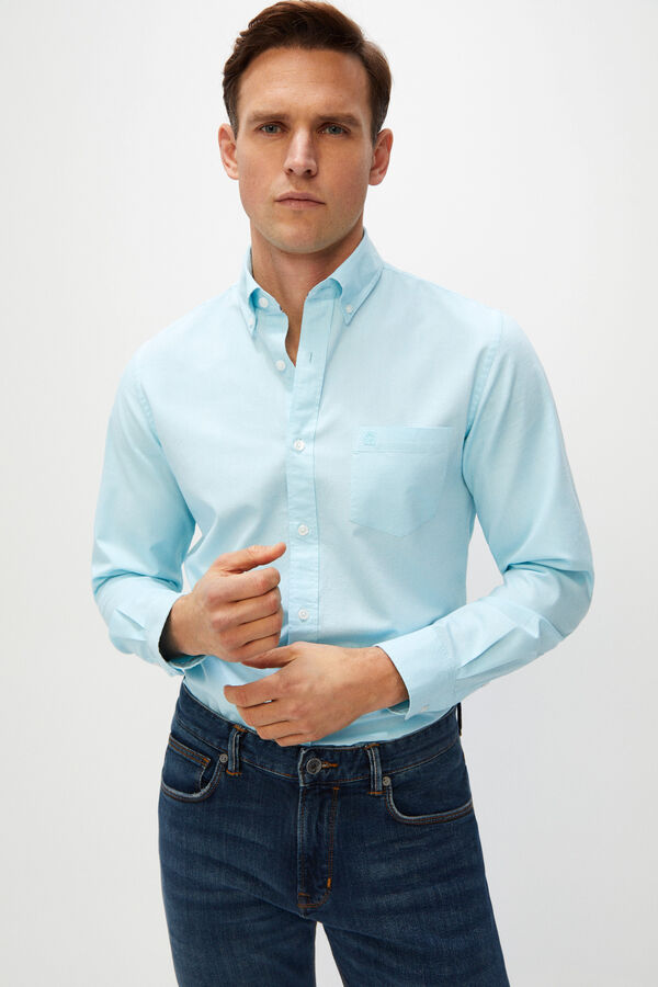 Cortefiel Camisa lisa algodón orgánico Oxford Azul