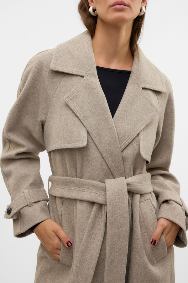 Vero Moda Abrigo largo anudado cintura Marr&oacute;n