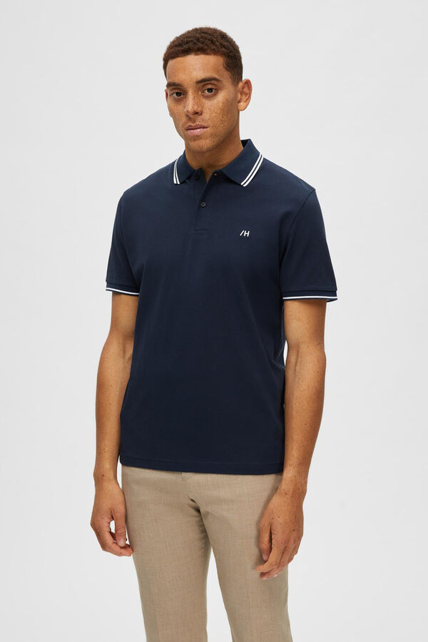 Selected Polo de algod&oacute;n org&aacute;nico con logo bordado con detalle en cuello y mangas. Azul marino