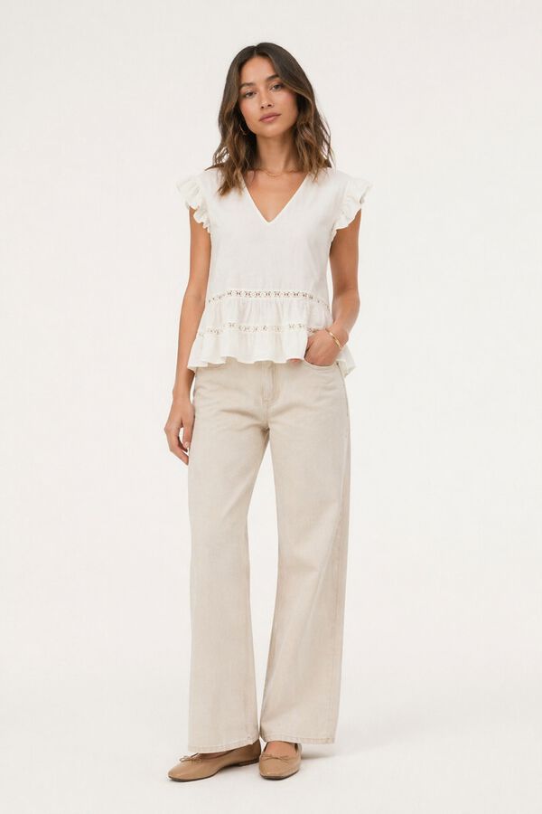 Vila Blusa em algod&atilde;o org&acirc;nico com mangas de folhos Branco