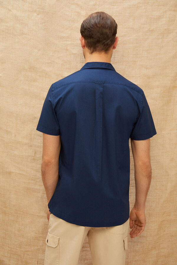 Cortefiel Camisa lisa manga curta colarinho camp Azul