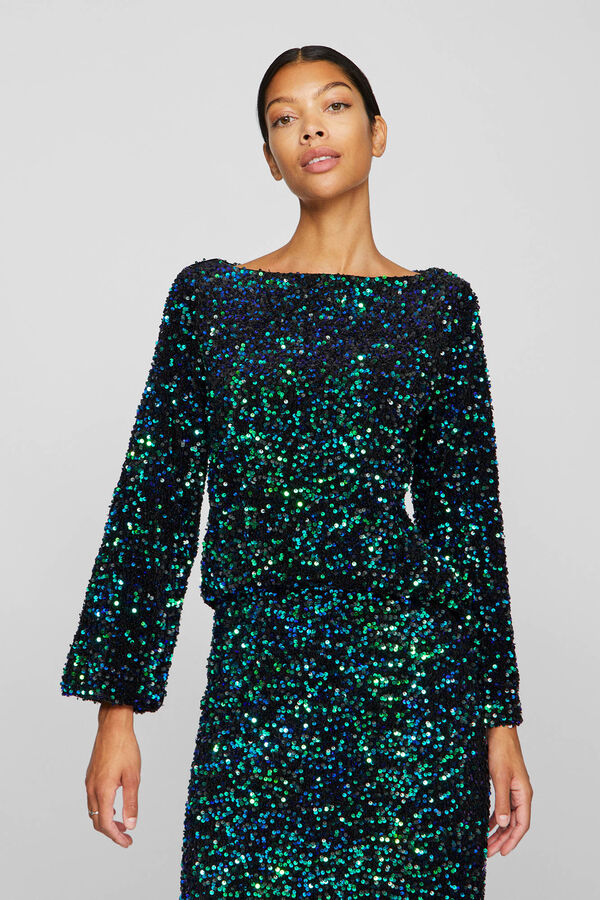 Vila Top de manga comprida de lantejoulas Preto