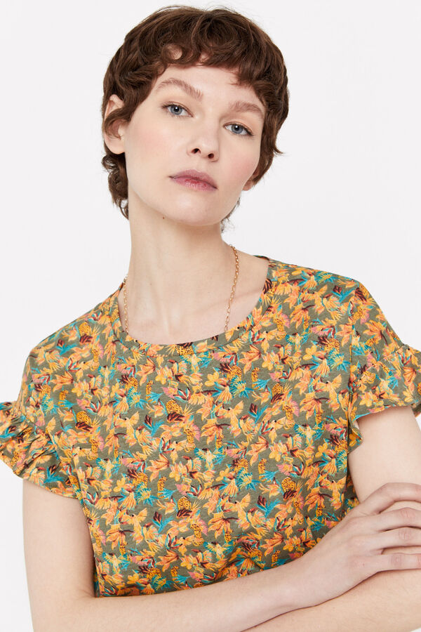 Cortefiel Camiseta volante Estampado verde