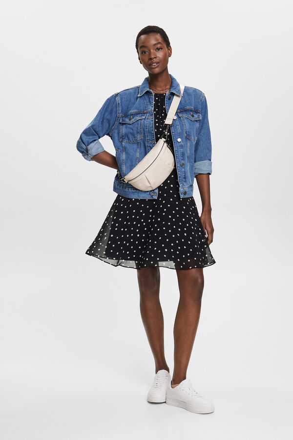 Esprit Vestido corto de gasa con cintura fruncida Negro