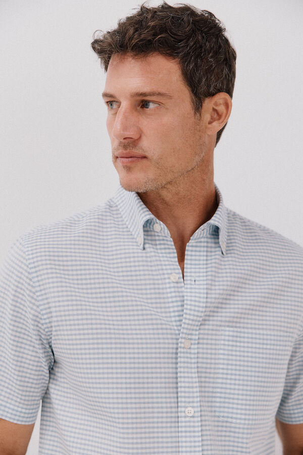 Cortefiel Camisa xadrez lisa, manga curta , algodão tencel Azul