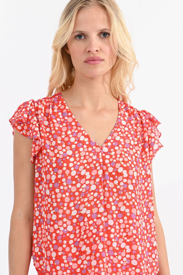 Molly Bracken Top de mulher estampado de manga curta com folhos Multicolorido