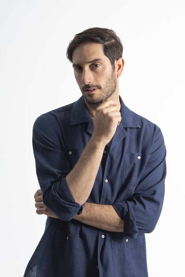 PuroEGO Camisa guayabera lino rafia Azul marino