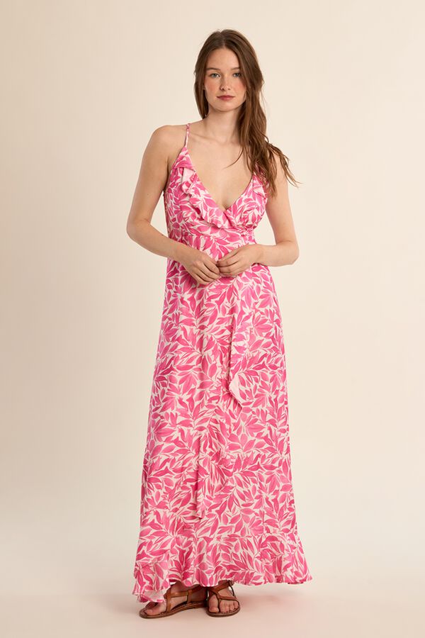 Molly Bracken Vestido comprido estampado com folhos Subiu